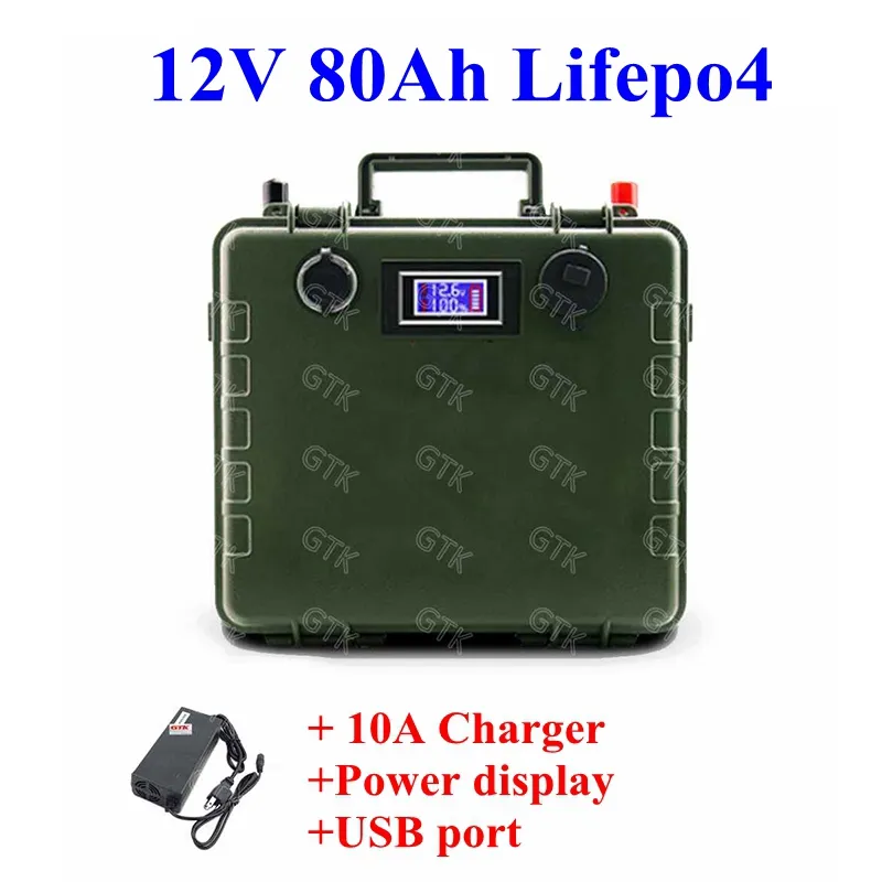 GTK new 12V 80ah lifepo4 battery pack built in bms with ABS Waterproof case for e scooter motorhome caravan +14.6V 5A charger
