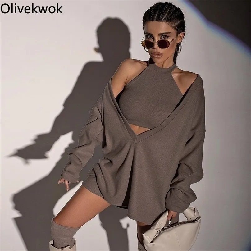 Olivekwok outono saias saias conjuntos de manga comprida tracksuits moda sólida primavera ocasional / outono com v-pescoço em v dupla ternos 220302