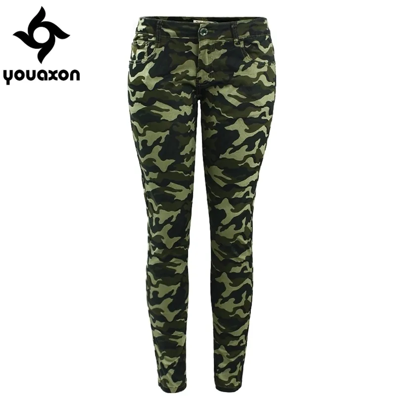 Youson Women`s S-XXXXXL Plus Size Chic Camo Army Green Chude Dżinsy Dla Kobiet Femme Kamuflaż Cropped Ołówek Spodnie 210809