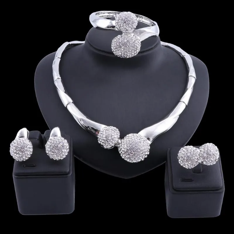 Ohrringe Halskette OEOEOS Dubai Silber Überzogene Schmuck Sets Für Frauen Kristall Armband Ring Afrikanische Hochzeit Braut Set