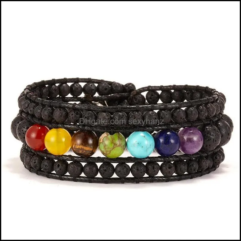 Rinhoo 1PC Black Volcanic Stone Beads Colorful Seven Chakras Leather Rope Chain Bracelet For Women`s Fashion Jewelry Gift Beaded,