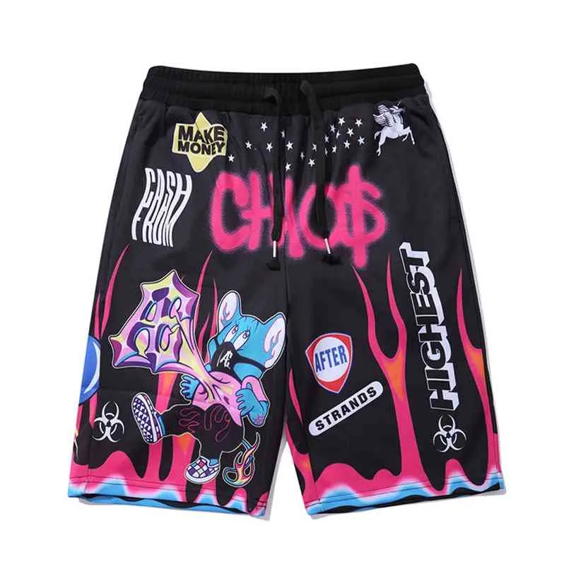 Streetwear Shorts Hommes Cartoon Flame Graffiti Funny Imprimé Summer Beach Pantalon court Hip Hop Bermuda Mode Punk Couple 210716