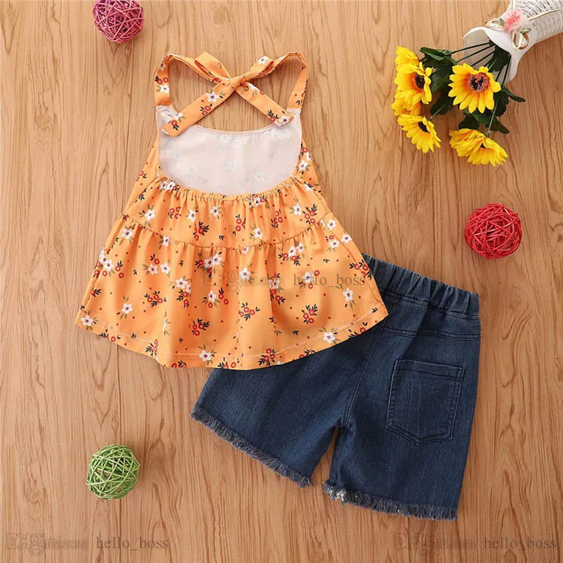 Children Clothing Sets Girls Outfits Baby Clothes Kids Suits Child Summer Fashion Tank Tops Flower Top Hole Denim Shorts B6487
