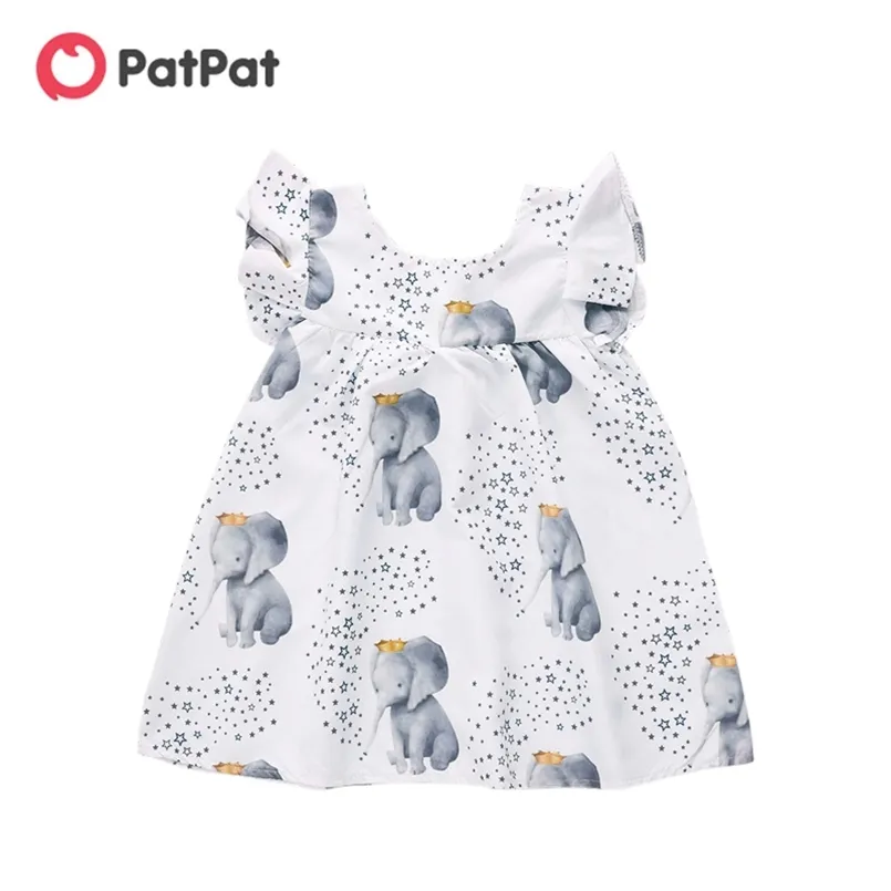 Vår och sommar Lovely Crown Elephant Star Print Flounce-Sleeve Baby Toddler Girl Dress 210528