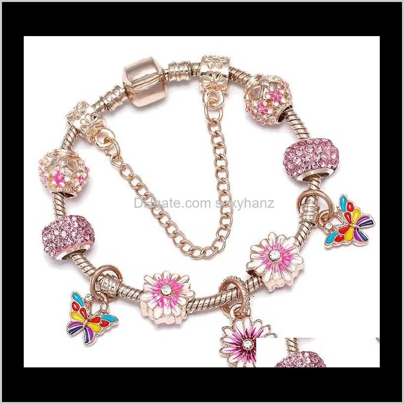 fashion luxury diamond crystal diy european glass beads butterfly flower charm designer chain bangle bracelet for woman girls silver