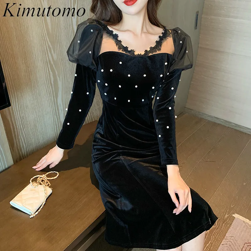 Kimutomo Kobiety Sukienka Wiosna Jesienna Ladies V-Neck Slim High Waist Smoking Puff Rękaw Black Velvet Party Dress Mermaid Elegancki 210521