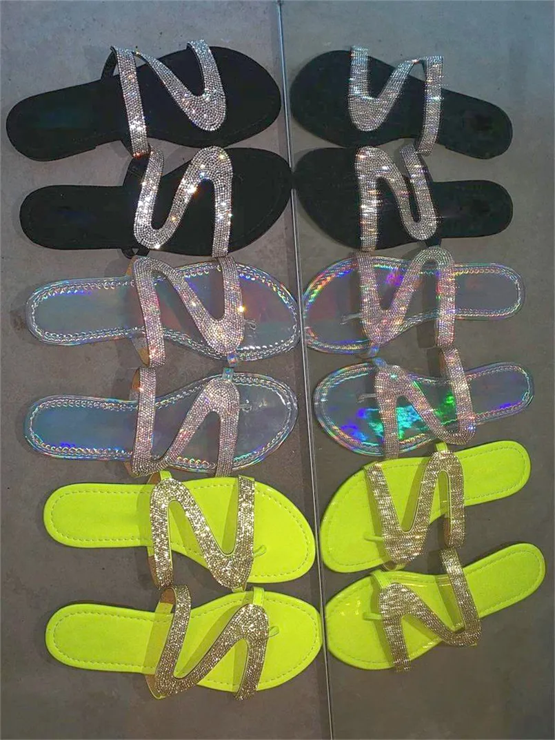 مثير للنساء Slides Sandals Z على شكل رينستون راينستون شقة النعال الصيفية في الهواء الطلق في الهواء الطلق مفتوحة شريحة الشريحة السيدات شاطئ الأحذية كبيرة الحجم EU35-43