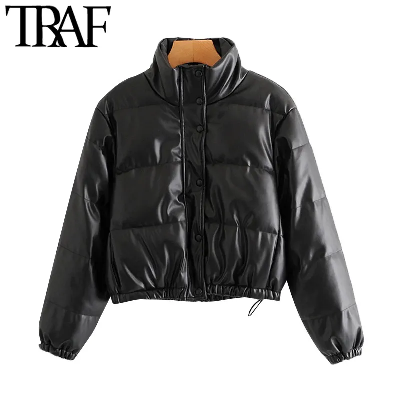 TRAF女性のファッションのフェイクレザーパーカー厚い暖かいジャケットパディングコートヴィンテージ長袖ポケット女性の上着シックトップ210415