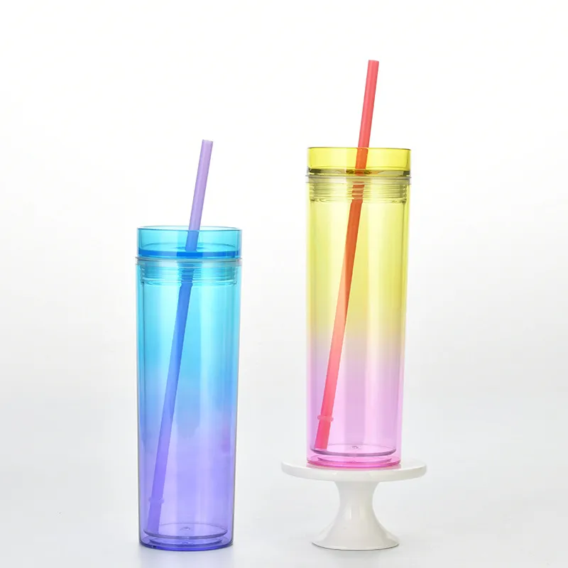 16oz Straight Skinny Acrylic Tumbler with Lid Straw Gradient Colors 16oz Plastic Cup 480ml Double Wall Acrylic water bottle BPA Free NEW