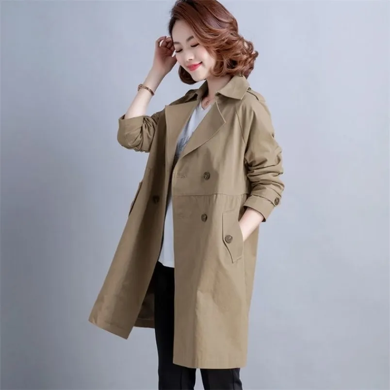 Women Trench Coats Autumn Winter Lapel Long Sleeve Buttons Loose Office Lady Midi Jackets Casual Solid Wide Waisted Windbreaker 210522