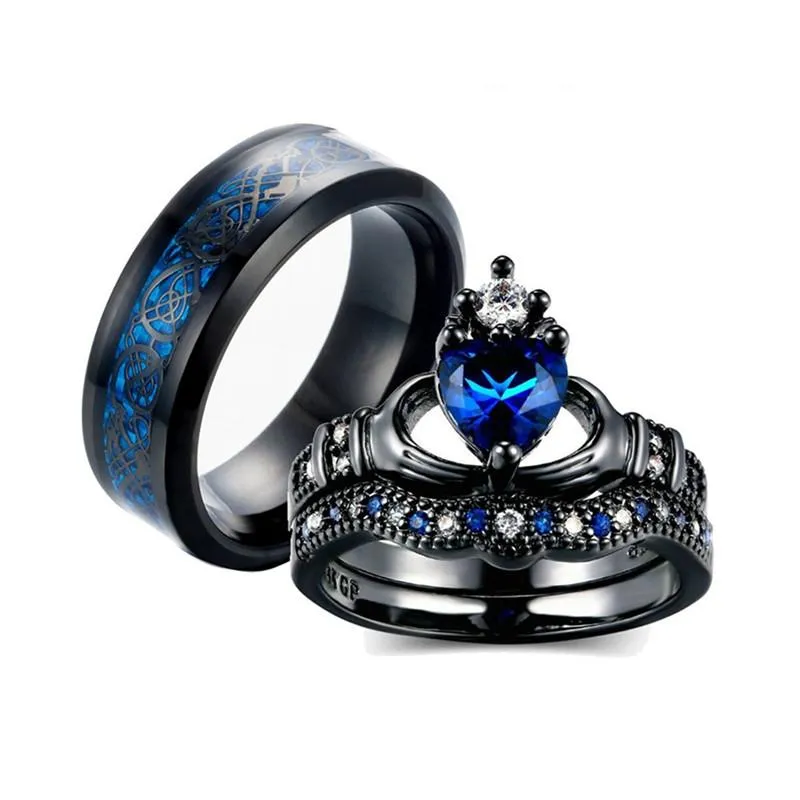 Wedding Rings Fashion Heart Heart Blue Zircon Par Trendiga Svart Rostfritt Stål Lyxig Crystal Smycken Alla hjärtans gåva