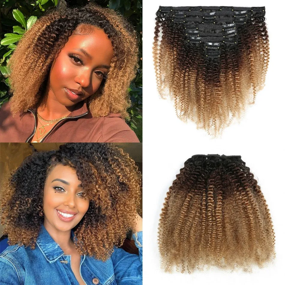 İnsan saç uzantılarında Brezilya klipsi 4a Afro Kinky Kıvırcık Demetler T1B/4/27 OMBRE Siyah kadınlar için 8pcs 120g/set