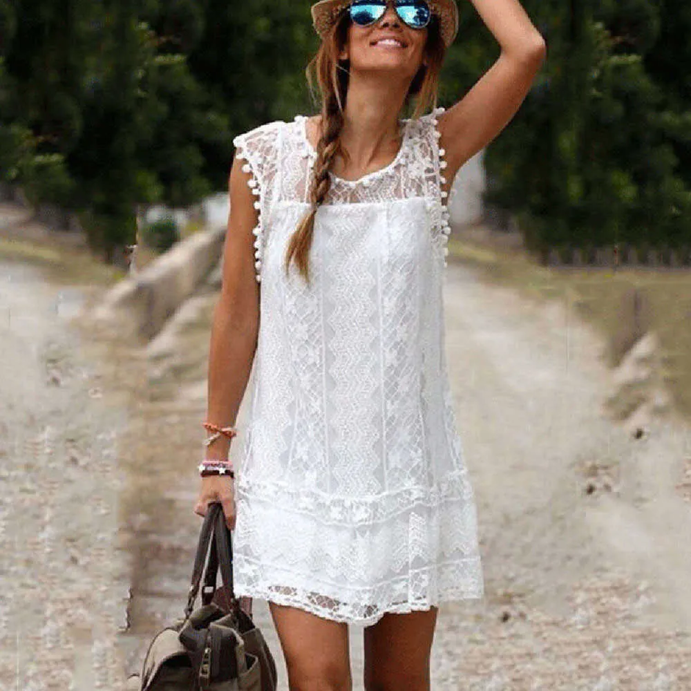 Lace Sleeveless Dress Women White Lace Casual Beach Short Dress Elegant Ladies Hollow Out Tassel Mini Dress Vestido Festa #P2 X0705