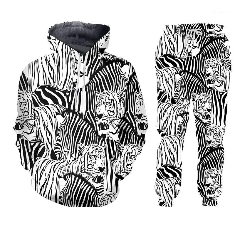 Masculinas LCFA LCFA Preto Branco Zebra 3D Imprimir Casacos de Inverno Terno Botão de Esportes T-shirt Calças 2 peças Roupas Tracksuit Homens / Mulheres Conjunto