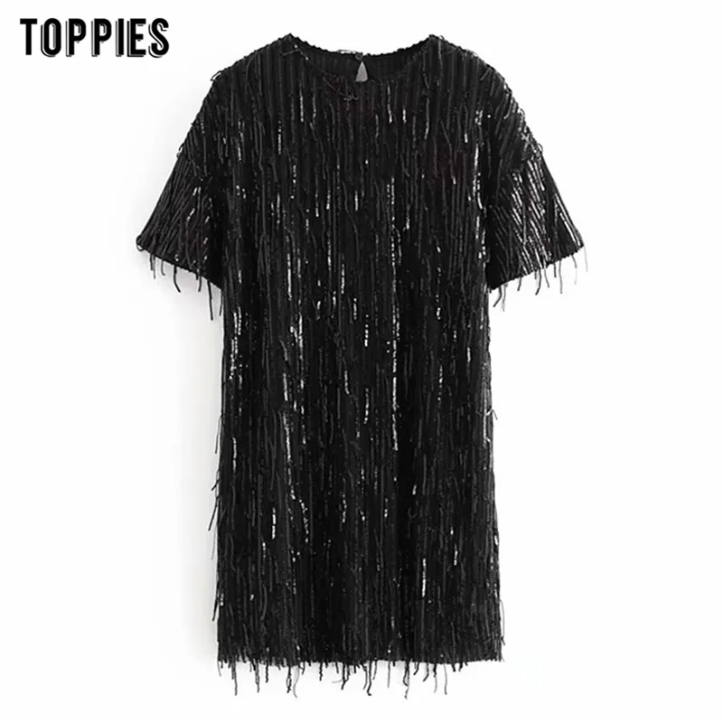 Kvinnor Sequined Mini Dress Sexig Party Mini Kvinna Kortärmad T-Shirts Vestidos Mujer 210421