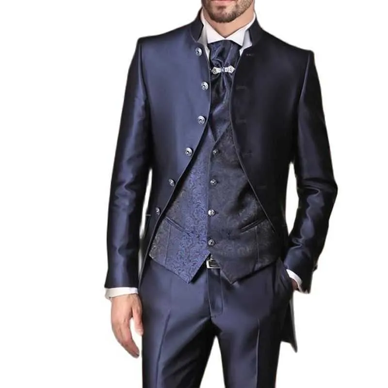 Marinblå bröllop kostymer för män med stativ krage jacquard smal passform blommig väst 3 bit jacka byxor manlig mode kostym x0909