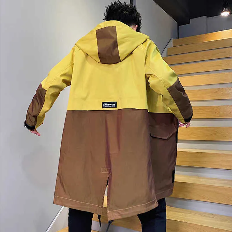 Long Trench Coat Men Brand Fashion Patchwork Stor Storlek Män Windbreaker Outwear Kläder Hooded Jacket 6XL 7XL 8XL 211011