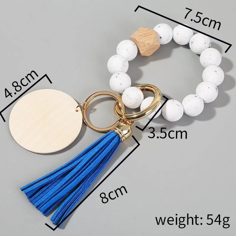 7 Styles Wooden Beaded Bracelet Keyring Party Silicone Beads Keychain Handbag Pendant for Women Monogrammed Engrave Wooded Chip Crafts