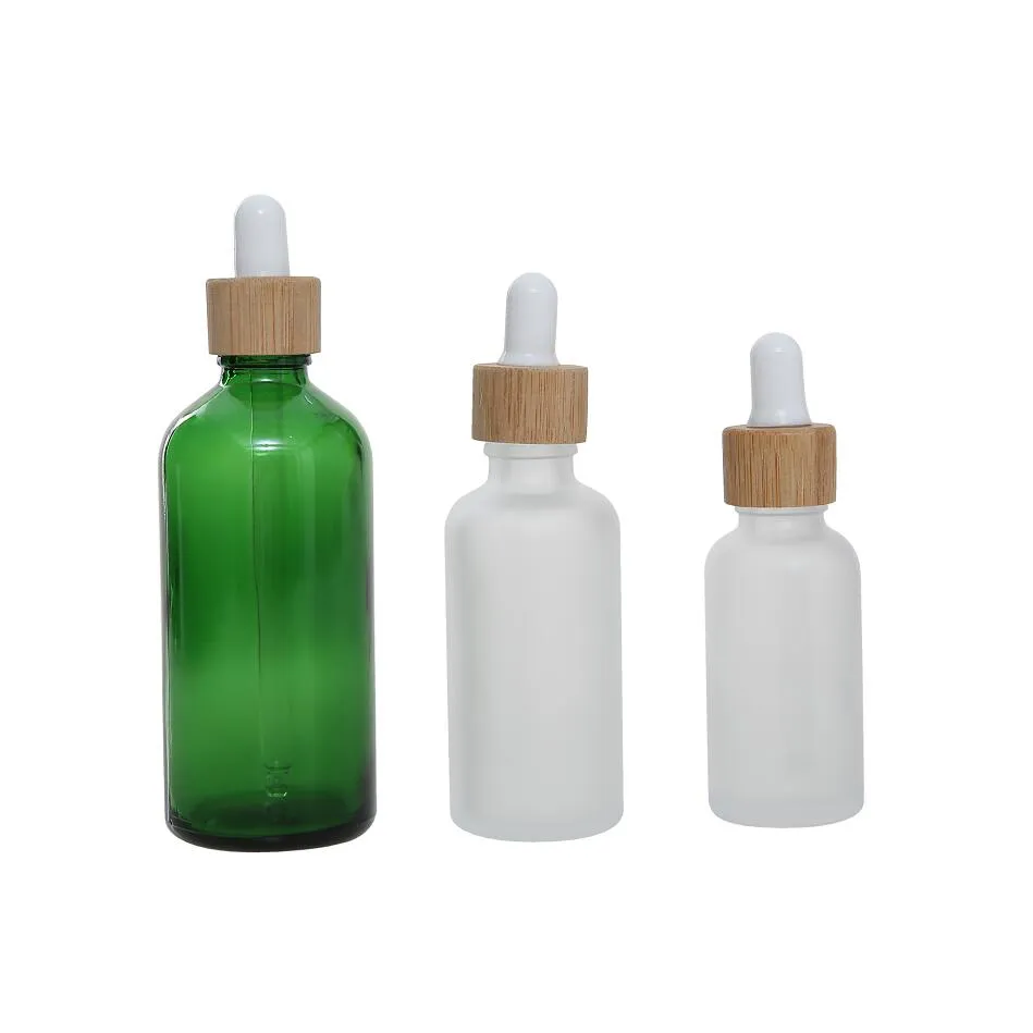 2 OZ Serum Glass Dropper Fles met Bamboe Deksel Cap Essential Oil Flessen Frosted Green 15ml 20 30ml
