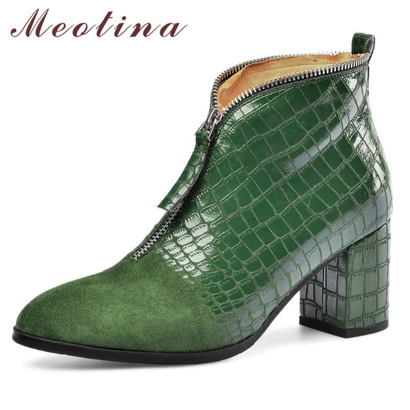 Autumn Ankle Boots Women Zipper Chunky High Heels Short Mixed Colors Round Toe Shoes Female Green Size 34-39 210517