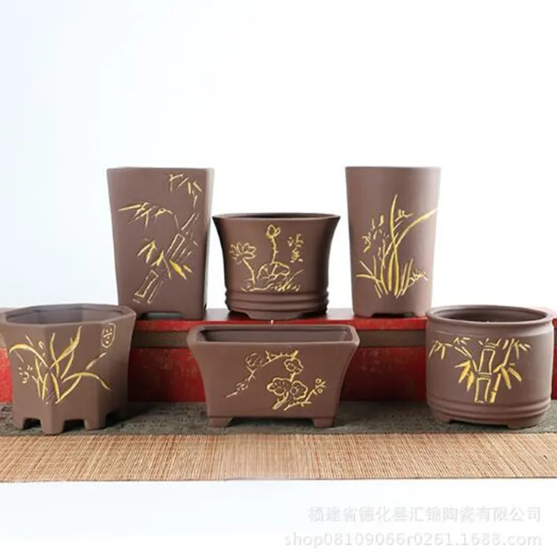 Fioletowy Piasek Soczysty Roślin Doniczka Pure Handmade Ceramiczne Retro Kwiat Pot Bamboo Lotus Gold Outline Wazon Balkon Home Decor 210401