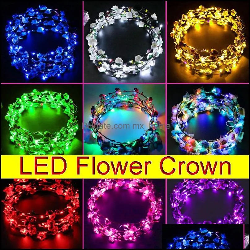 Led Lighting Wreaths Women Flower Hair Crown Luminous Headbands Headwear For Wedding Kids Night Market Toys Glowing Garland Head Drop Delive