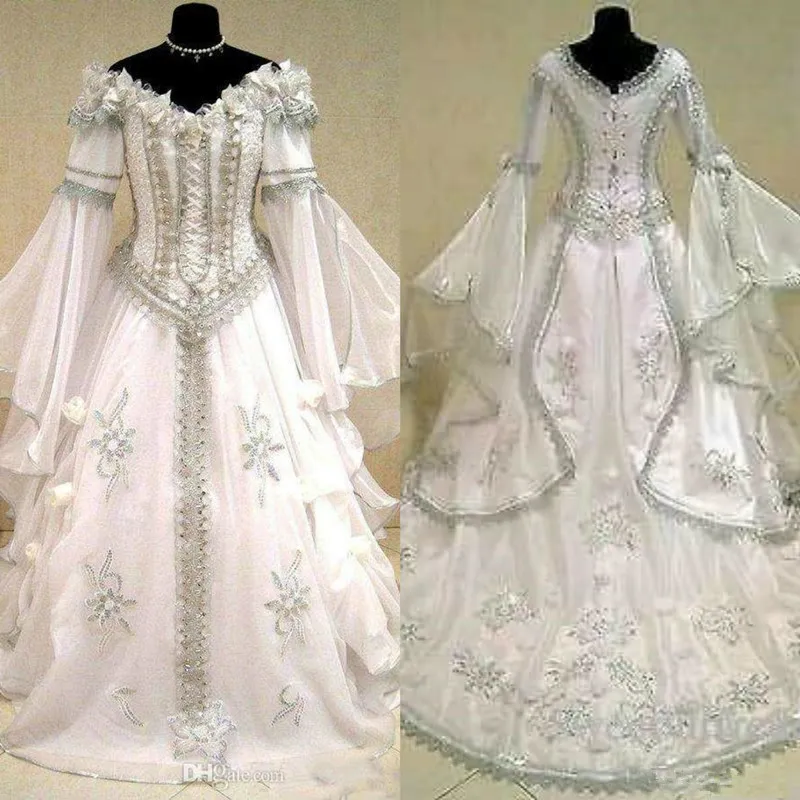 Renaissance Royal Sukienka ślubna Flare Z Długim Rękawem Witch Celtic Tudor Wiktoriański Gothic Holloween Gorset Gorset Bridal Suknia Vintage Medieval Plus Size Bride Sukienki