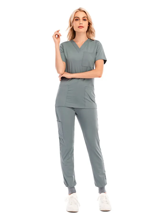  Womens Jogger Scrub Set Medical Nursing Top And Pant Solid  Colors And Prints-Sage-Large