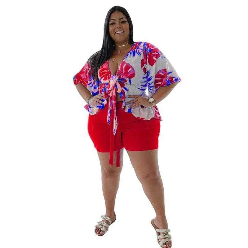 Plus size women summer tracksuits t-shirt Shorts outfits L-4XL pajama jogger suit lace up ruffle short Sleeve Suits Flora Printed Asymmetrical clothing 023