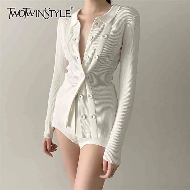 TWOTWINSTYLE Cardigan lavorato a maglia bianco femminile scollo a V manica lunga taglia unica maglione sottile per le donne abbigliamento moda autunno 210806