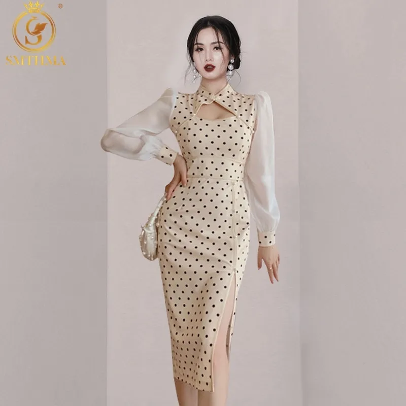 Wiosna Korea Chic Rękaw Puff Dot Patchwork Suknie Stojak Collar Slim Side Split Vestido Da Festa 210520