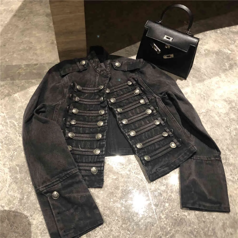Вдохновленный военно-стиль джинсовая куртка черные кнопки ужин шикарный куртка пальто женщин повседневная куртка женская зимняя чашка 210412