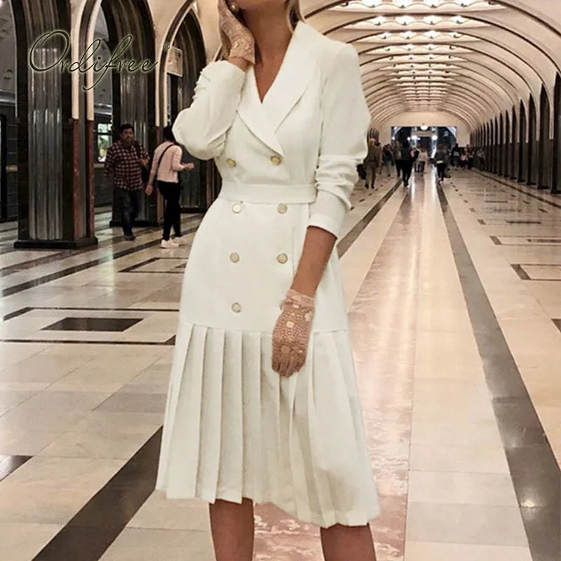 Autumn Winter Women Long SVE Knee Length Ice Lady White Pleated SS White Pleated Knee Length Blazer Dress For Women Long Sleeve, Office Wear,  Fall/Winter 2024 From Bai03, $28.66 In Bulk | DHgate.Com