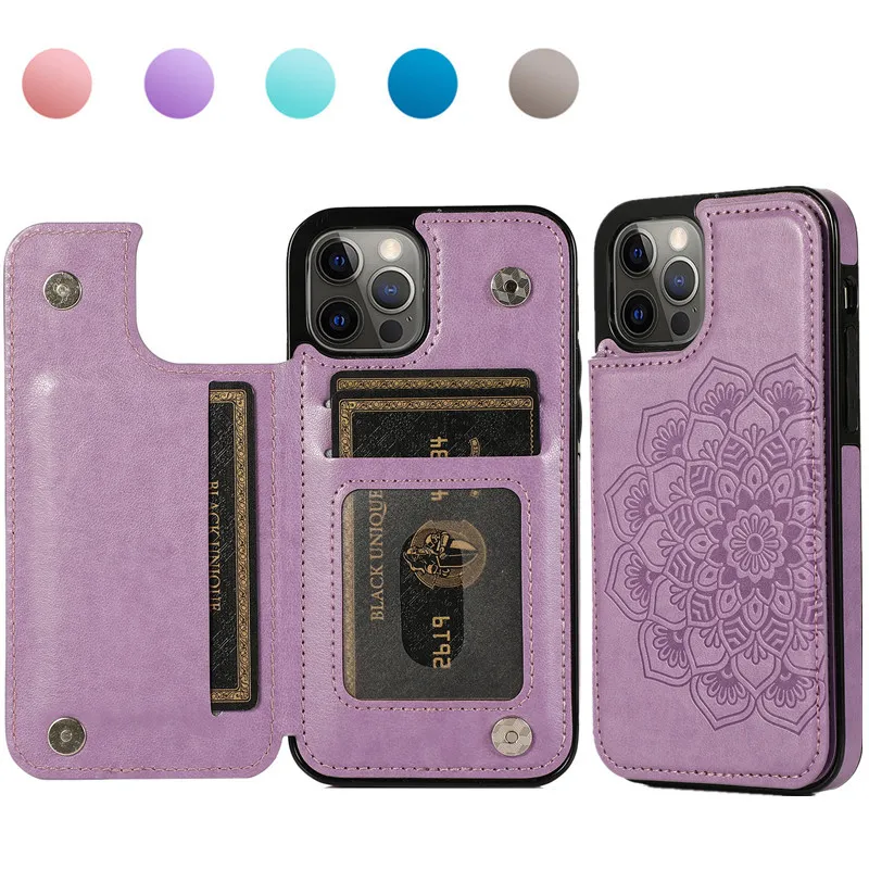 Dual Buckle Mandala Flip Cases With Card Slot For iPhone 13 Pro Max 12 Mini 11 XR Samsung S20 S21 Ultra Note 20 A52 A51 A71 A72 5G Datura Flower Leather Cover