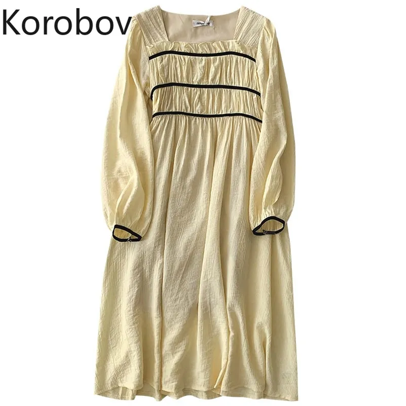 コロバフの女性のドレス新しい到着正方形の襟長袖Aラインの女性のドレス韓国のヒットカラープレッピースタイルvestidos 210430
