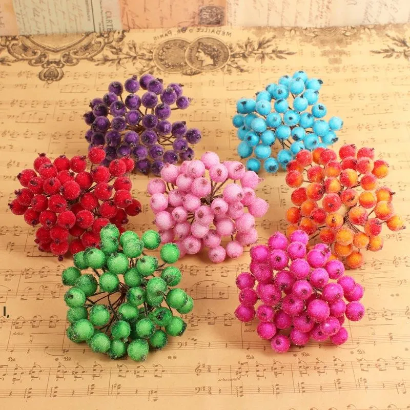 Mini Christmas Artificial Flowers Frosted Artificial Berry Vivid Red Holly Berries Tree Decorative Double Heads RRA11770