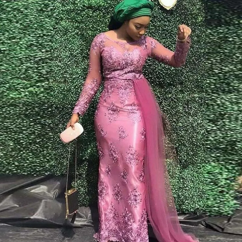 2021 femmes manches longues Satin bal célébrité Pageant robes avec Tulle élégant africain formelle soirée robes de soirée Appliques