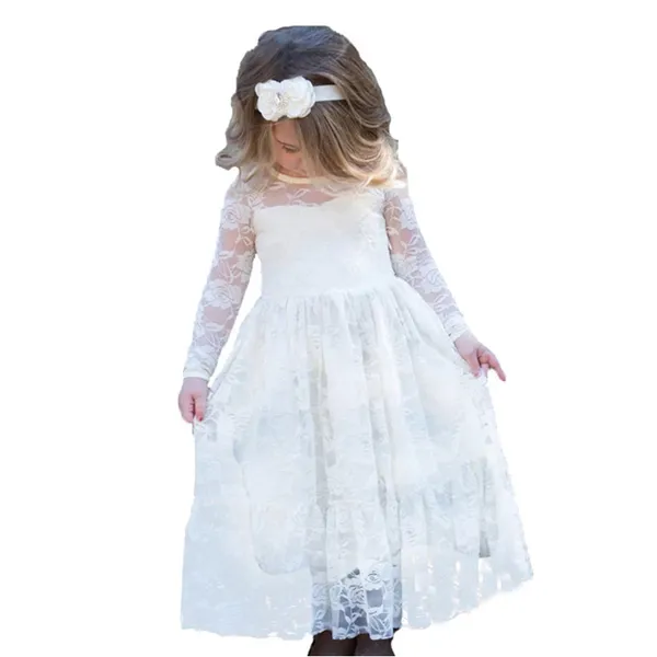 Girl Dress Lace Long Flower For Age 2-12 Baby Kids Princess Formal Wedding Prom Party Dress White Big Bow Sweet Clothing Q0716