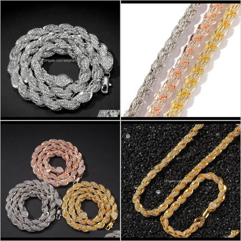 alloy inlay drill 9mm rope chain necklace gold color iced rhinestones hip hop necklaces jewelry men women