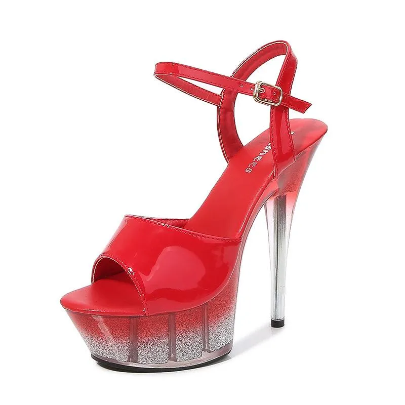 Mclubgirl 2021 Spring Women's Sexy Fashion Sandals Fish Toe Platform Clear Heel Thin Heels Crystal Charm Elegant LFD
