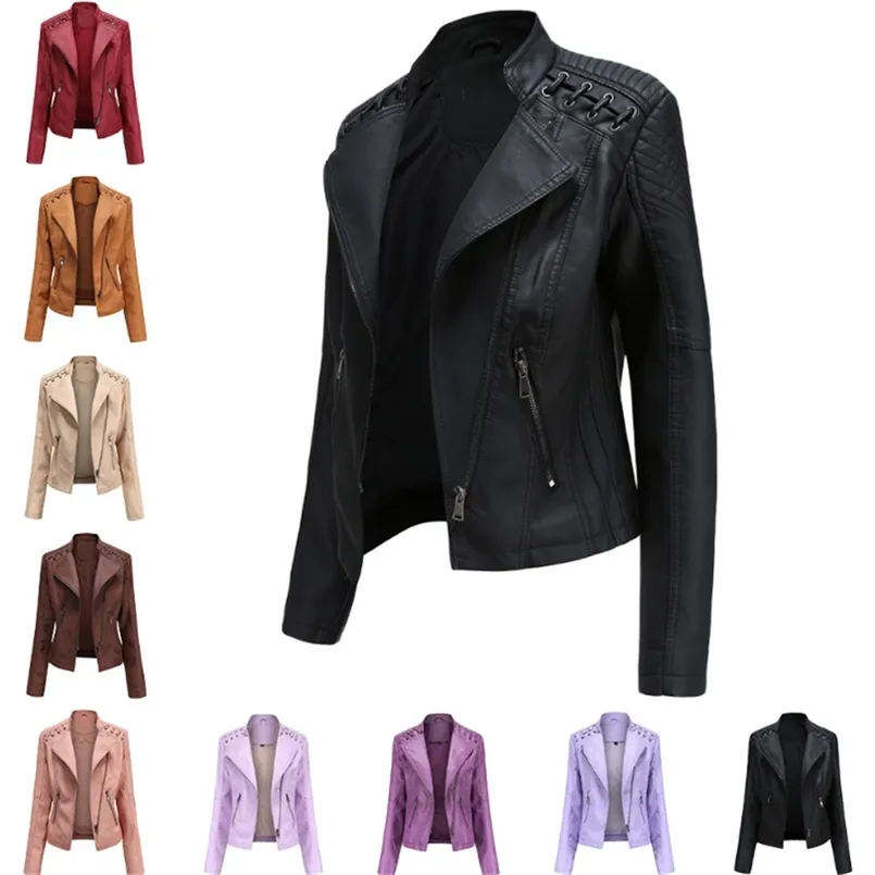 Coleira de giro Pu faux jaquetas de couro mulheres mulheres jaqueta de luxo preto rosa biker casaco 211110