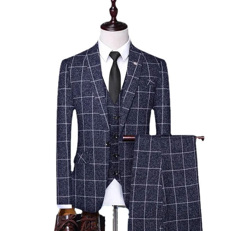 Men's Suits & Blazers (Jackets+Vest+Pants) Men Plaid Business Blazers/Male Slim Fit Pure Cotton Three-piece Suit/Man Groom Dress Tuxedo S-4X