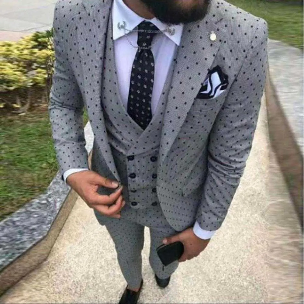 3 Piece Casual Men's Silver Grey Slim Fit Prom White Tuxedos Point Solid Business Suits For Wedding Grooms (Blazer+Vest+Pants) X0608