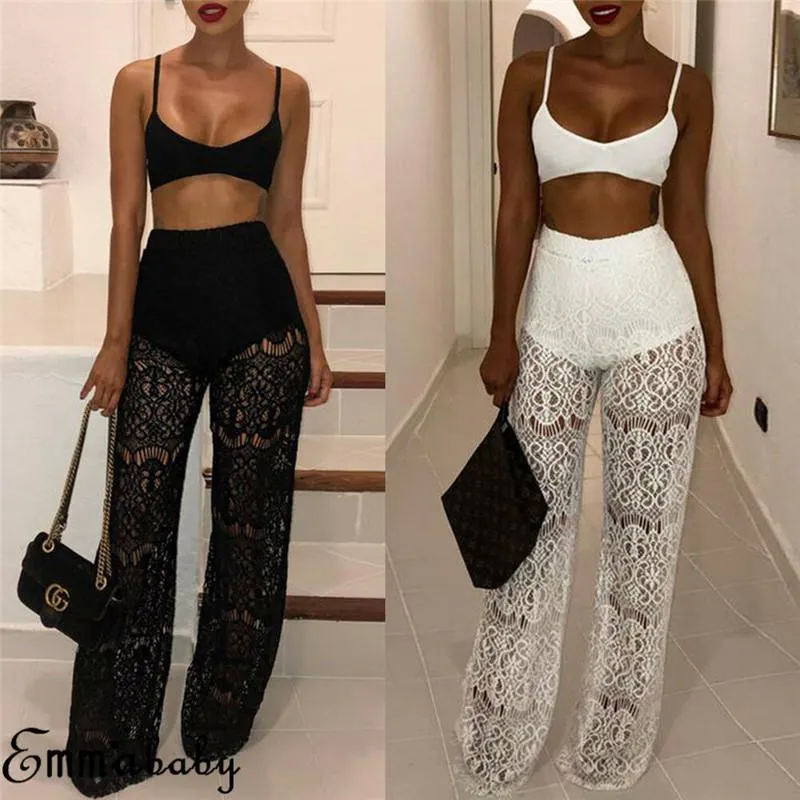 Sexy Women's Ladies Sheer Floral Lace Pants Beach Clothing Cover Up Trousers Women High Waist Hollow Out Long Lady Clothes & Capris