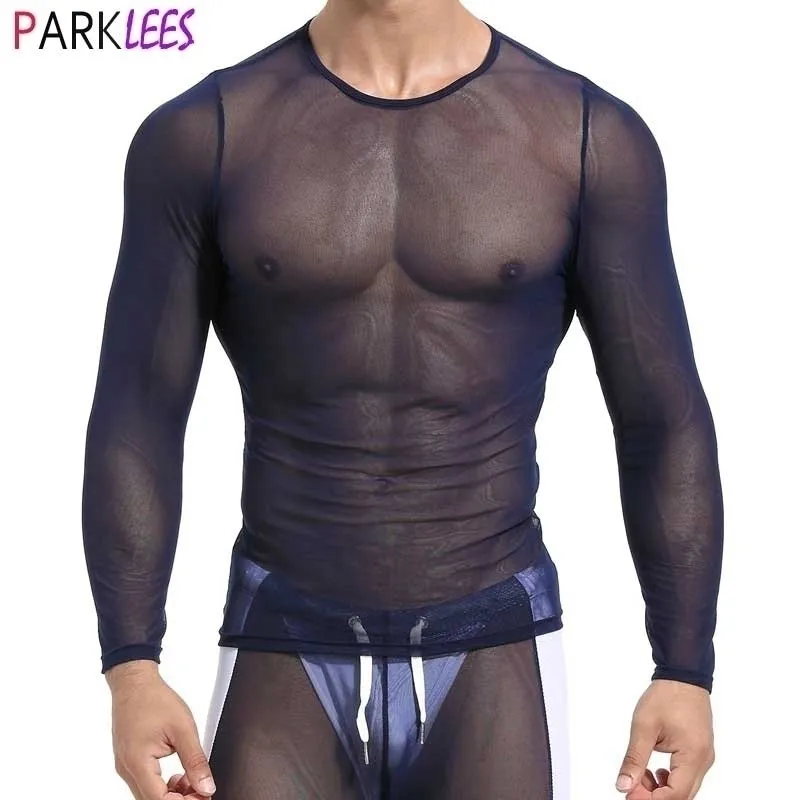 Mens Transparent Mesh See-through Fishnet Tshirt Sexy Long Sleeve Tee Shirt Homme Slim Fit Mesh Sheer Top Understshirts XL 210522
