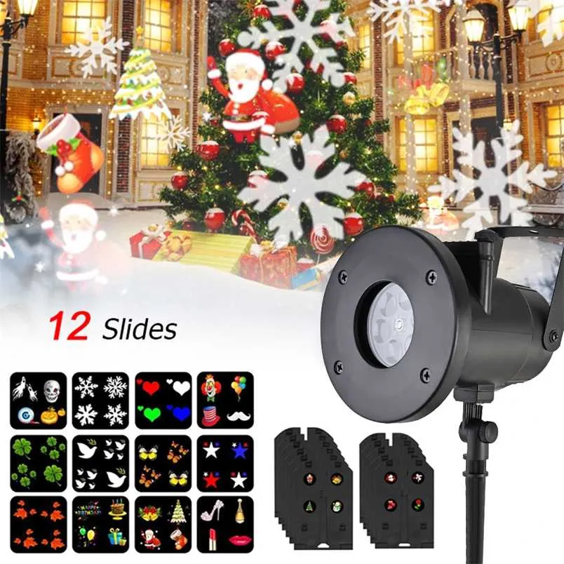 Anpro 12 modèles LED extérieur Noël flocon de neige projecteur lampe décorations imperméables lumière pour paysage jardin fête de vacances 211216