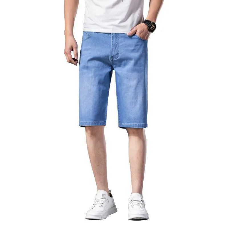 Erkekler Denim Şort Yaz Tarzı İnce Bölüm Elastik Kuvvet Slim Fit Kısa Kot Erkek Marka Giyim Mavi 210622
