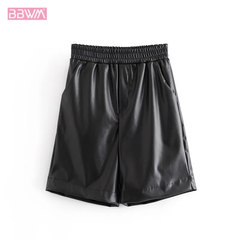 Faux läder casual shorts hög midja kvinnors västerländsk stil mode elastisk midja lösa svarta chic kvinnliga pu shorts 210507