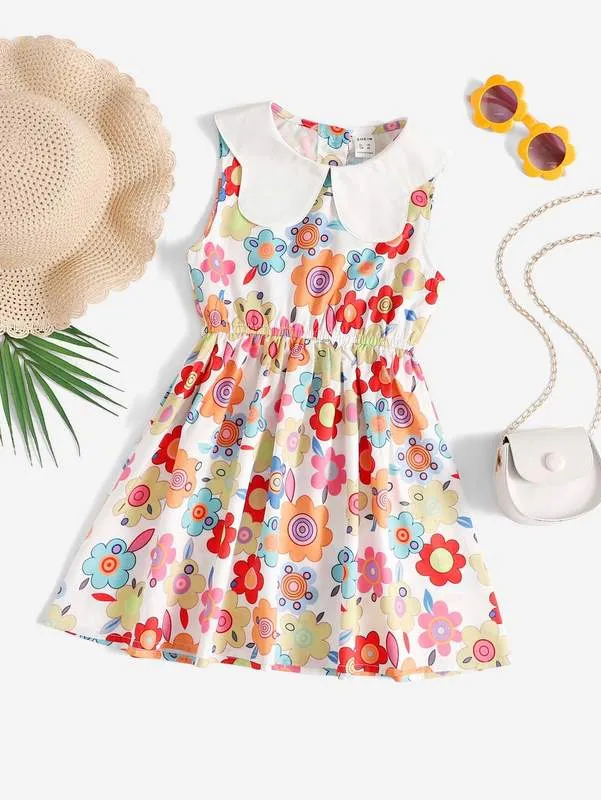 Toddler Girls Contrast Peter Pan Collar Floral Print Dress Hon