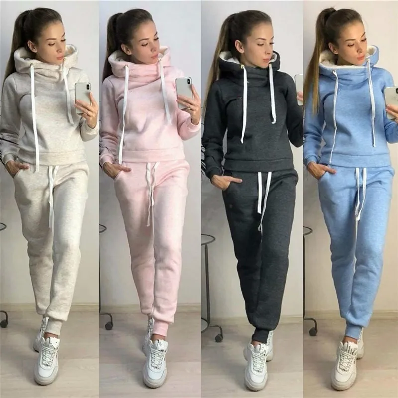 12 sztuk Zestaw Kobiety Zima Plus Rozmiar Kobiet Dres Czarny Dorywczo stroje do Sweteru Kapturem Eleganckie Pant S 210514